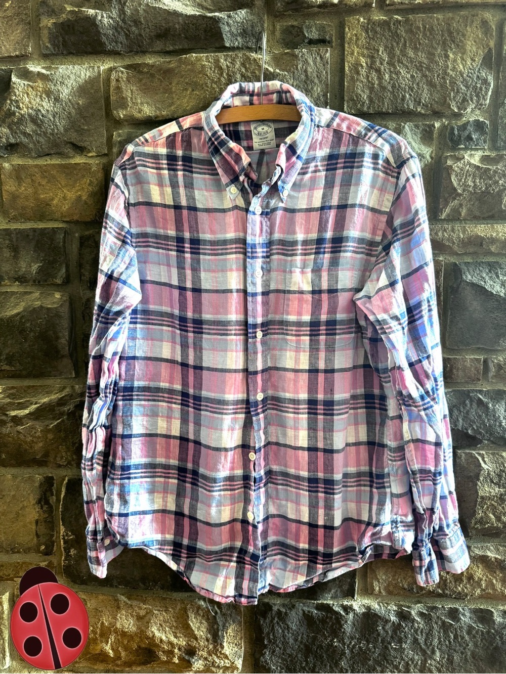 Brooks Brothers Men's Plaid Button-Down Shirt - Pink & Blue - Medium